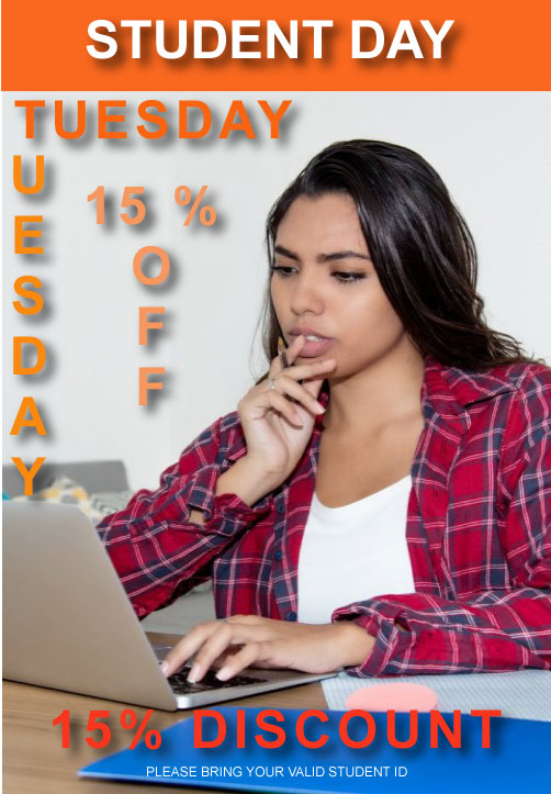 Get 15% off on Tuesday STUDENT DAY 